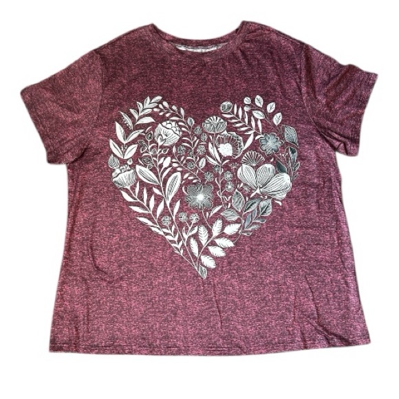 Tops - Heather Fuchsia look Top with White Floral Heart Print Crew Neck Short Sleeve 3X